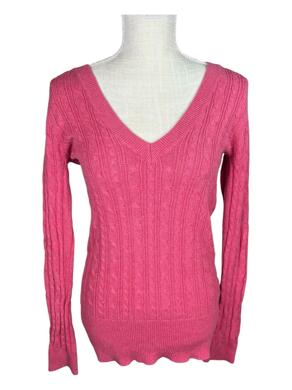 American Eagle Fitted V-neck Cable Knit Sweater Women's Large Pink Cotton Y2K